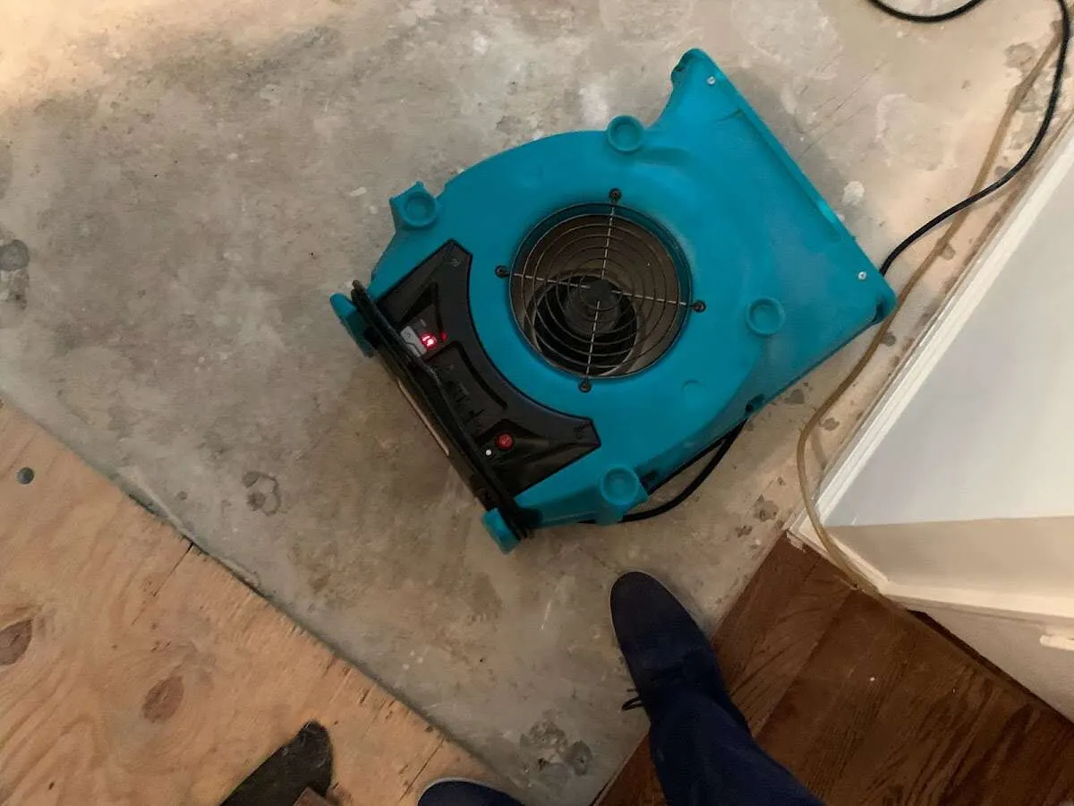 Air mover drying subfloor during Commercial Water Damage Restoration in North Royalton